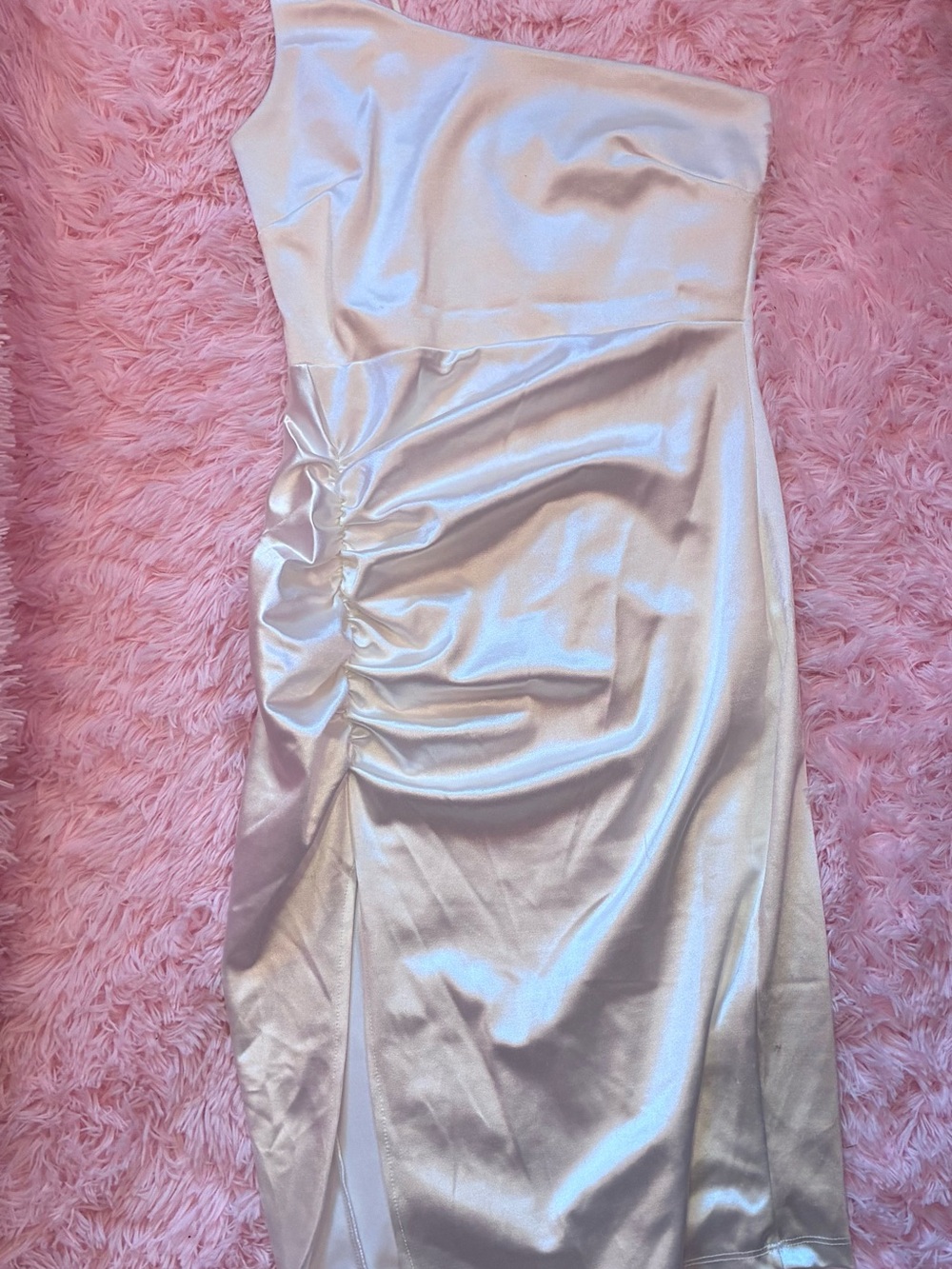 Satin One-Shoulder Ruched White Dress